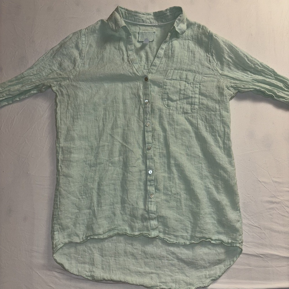 Sigrid Olsen Shirt Womens Medium Button 100% Linen Roll Tab Long Sleeve V Neck